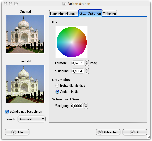 Grau-Eigenschaften für das Filter Farben drehen